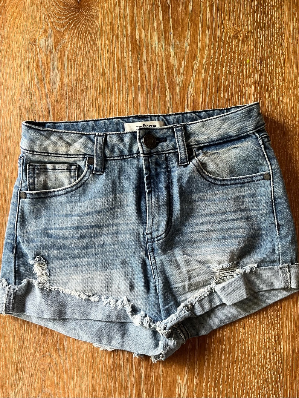 refuge Light Wash Rolled Distressed Denim Shorts